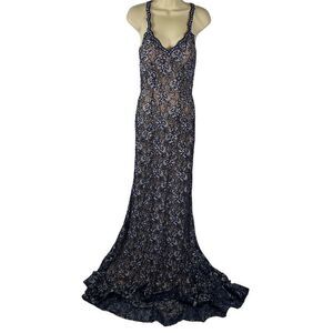 Jovani Formal Prom Long Dress Navy & Silver Lace Nude Lined with Rhinestones 0